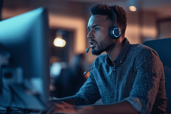 A man wearing headphones sits in front of a computer, focused on his work or listening to audio