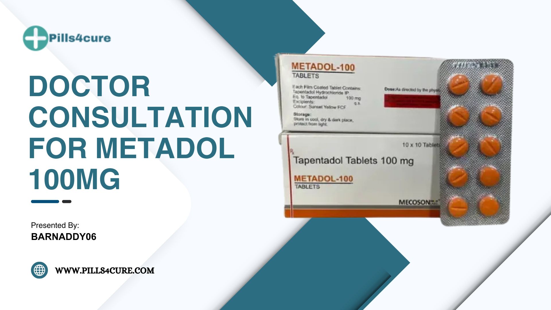 Metadol 100mg Tapentadol tablets pack and blister strip for doctor consultation and pain relief treatment.