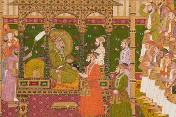 Miniature Paintings in Lahore depicting a Mughal emperor seated on a golden throne, surrounded by courtiers, attendants, and musicians in a richly detailed palace scene.