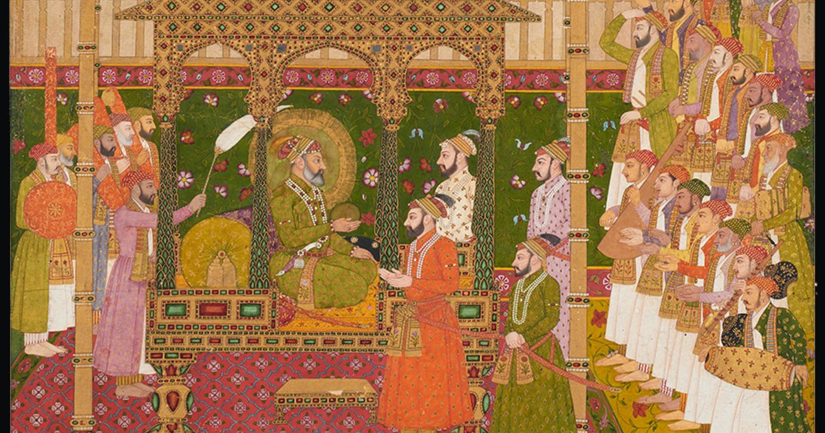 Miniature Paintings in Lahore depicting a Mughal emperor seated on a golden throne, surrounded by courtiers, attendants, and musicians in a richly detailed palace scene.