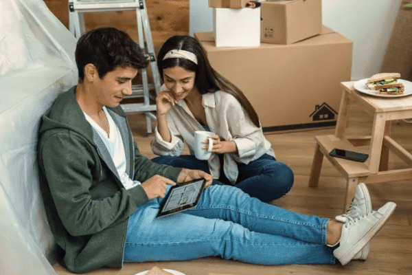 A man and woman sitting on the floor, focused on a laptop in front of them