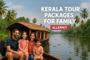 Family enjoying houseboat ride in Alleppey with Kerala Tour Packages for Family