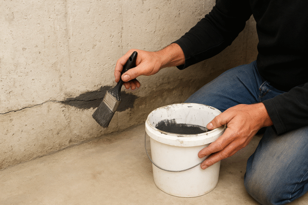 Worker applying waterproofing sealant to a cracked concrete foundation wall with a brush.