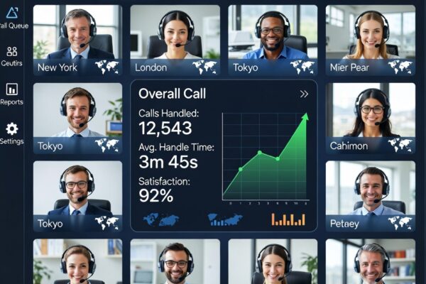 Digital interface showing cloud call center dashboards, call routing maps, and remote agents connected through a cloud communication system.