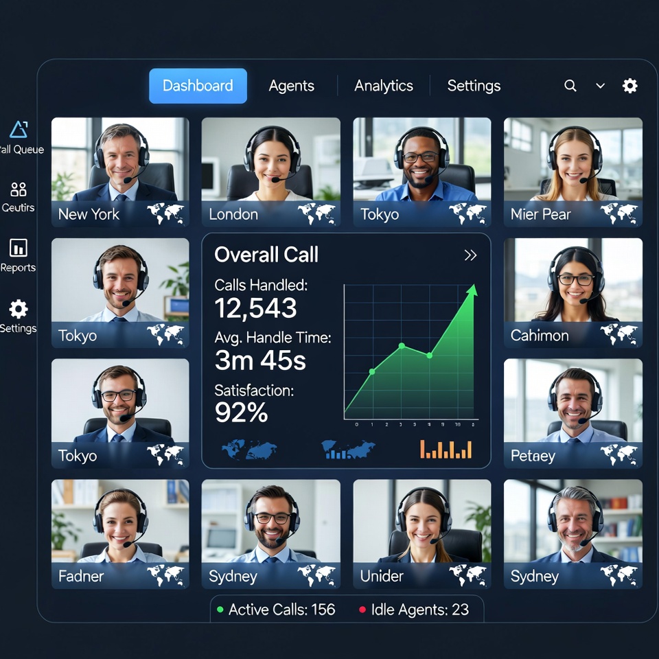 Digital interface showing cloud call center dashboards, call routing maps, and remote agents connected through a cloud communication system.
