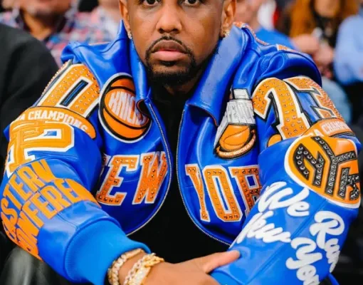 Fabolous New York Knicks 2025 Pelle Pelle Blue and Orange Leather Jacket