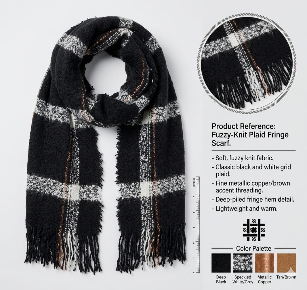 Close-up of black and white scarf with a minimalist design