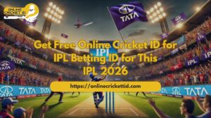 **Alt text:** Cricket stadium scene during an IPL match with a batsman playing a shot on the pitch, cheering crowd in the stands, floodlights shining, and purple TATA flags waving. Overlaid text reads “Get Free Online Cricket ID for IPL Betting ID for This IPL 2026” with the website link “[https://onlinecricketid.com”](https://onlinecricketid.com”) and the Online Cricket ID logo in the top-left corner.