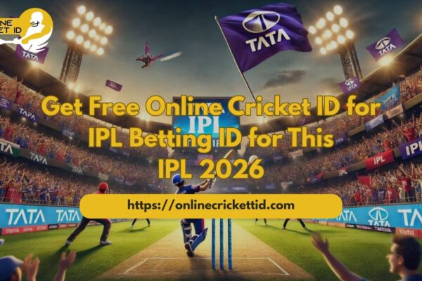 **Alt text:** Cricket stadium scene during an IPL match with a batsman playing a shot on the pitch, cheering crowd in the stands, floodlights shining, and purple TATA flags waving. Overlaid text reads “Get Free Online Cricket ID for IPL Betting ID for This IPL 2026” with the website link “[https://onlinecricketid.com”](https://onlinecricketid.com”) and the Online Cricket ID logo in the top-left corner.