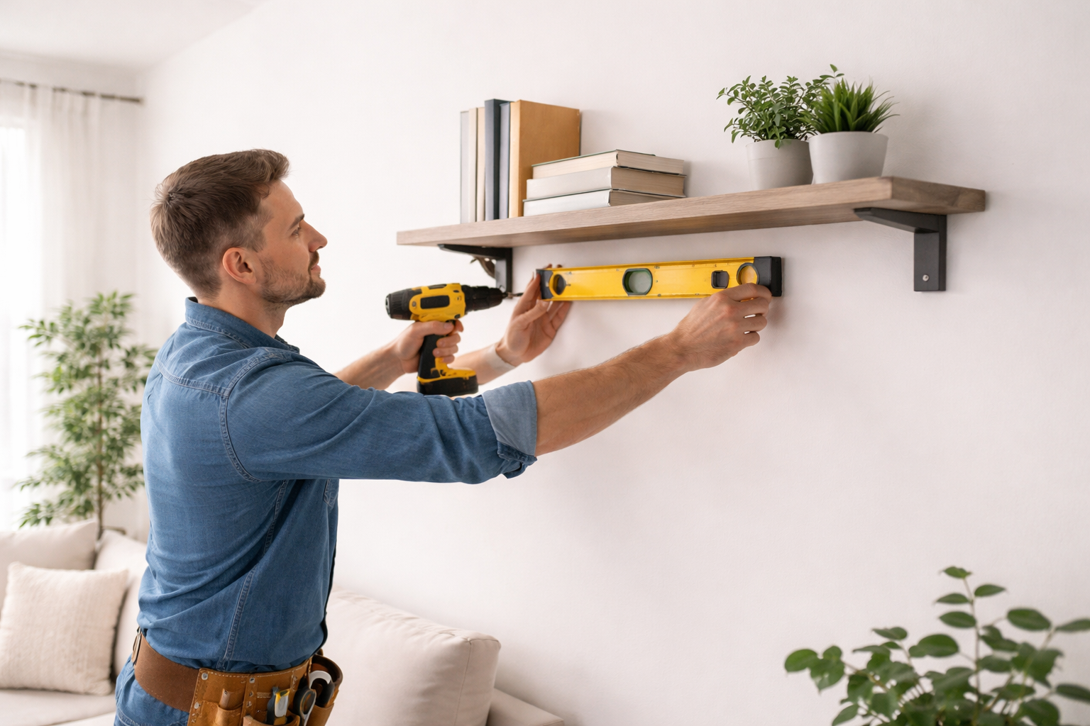 Installing a wooden shelf in a minimalist room
